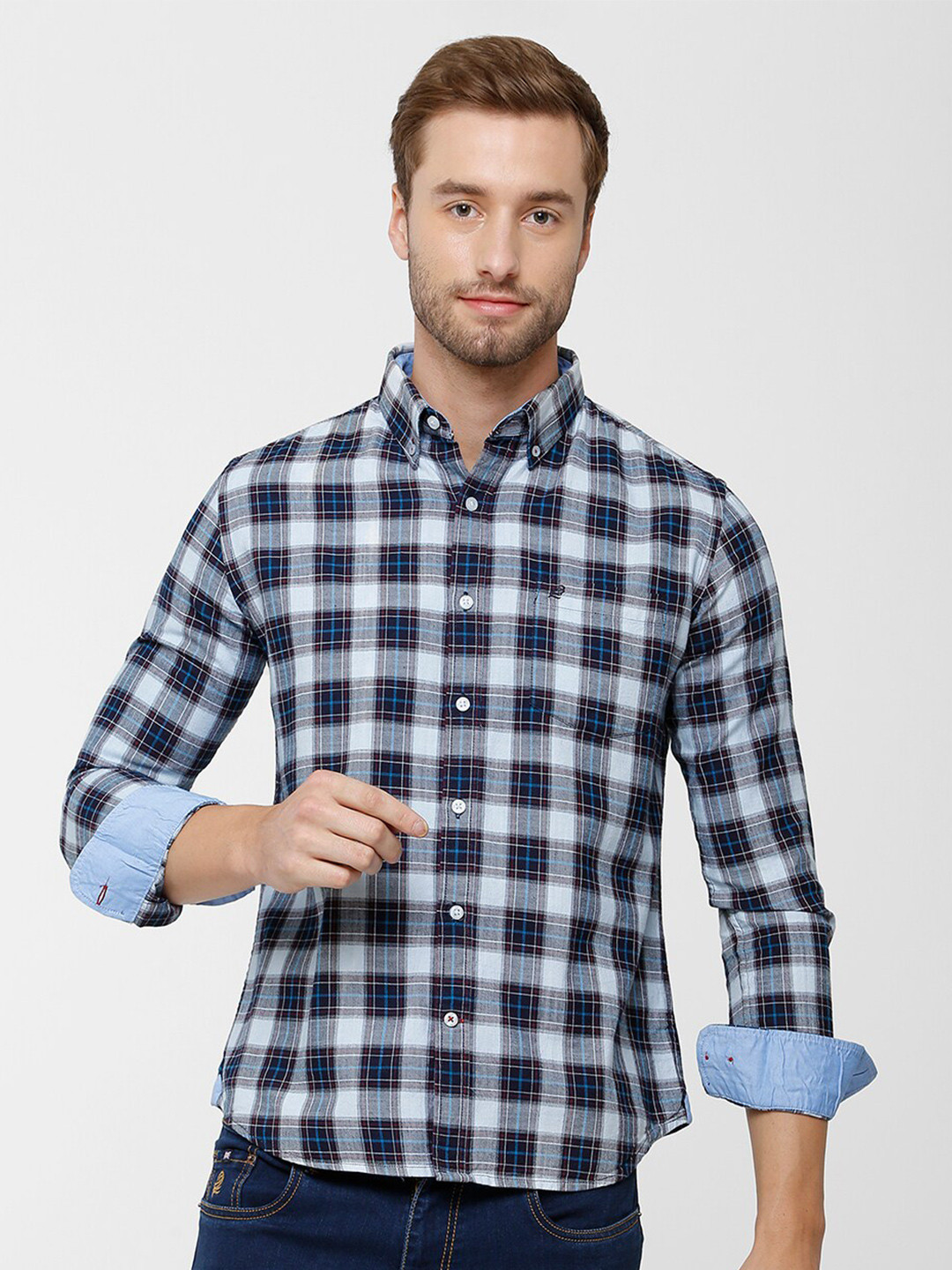 

Double Two Men Blue Slim Fit Checked Casual Cotton Shirt