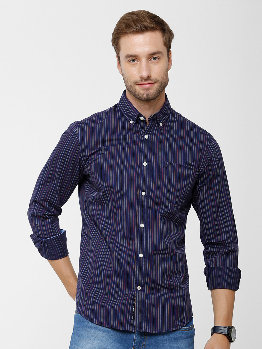 

Double Two Men Blue Striped India Slim Fit Cotton Casual Shirt