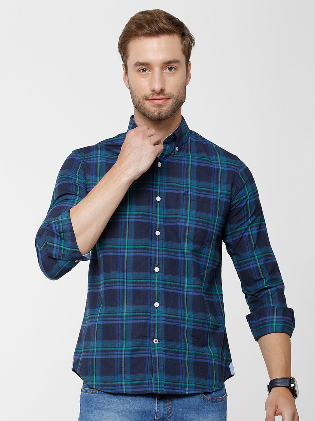 

Double Two Men Navy Blue Slim Fit Tartan Checks Checked Casual Shirt