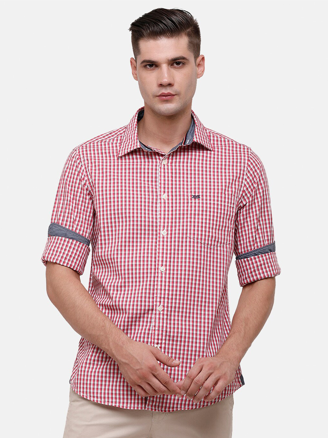 

Double Two Men Pink & White Slim Fit Gingham Checked Casual Shirt