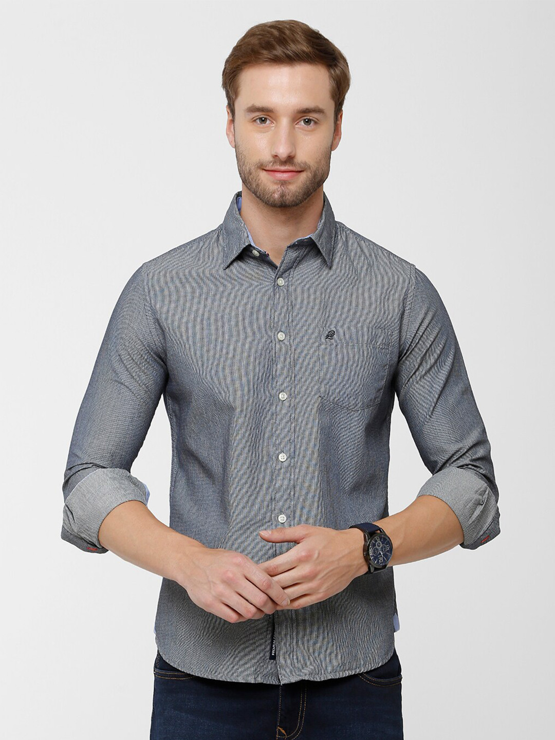 

Double Two Men Grey Slim Fit Casual Cotton Shirt