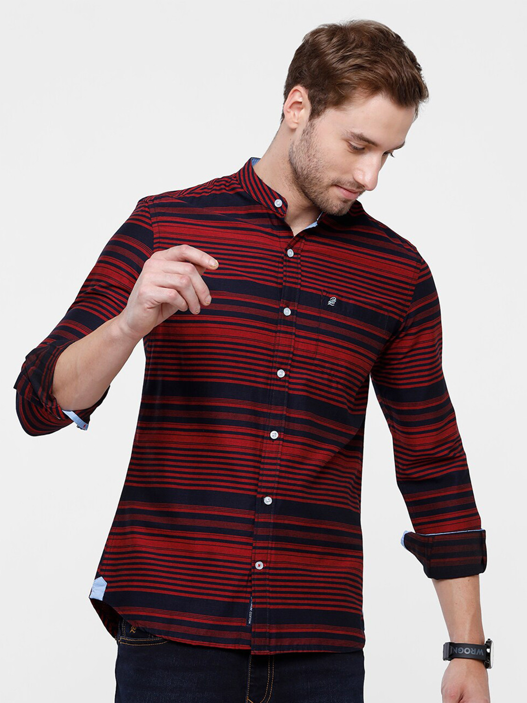 

Double Two Men Red Slim Fit Horizontal Striped Cotton Casual Shirt