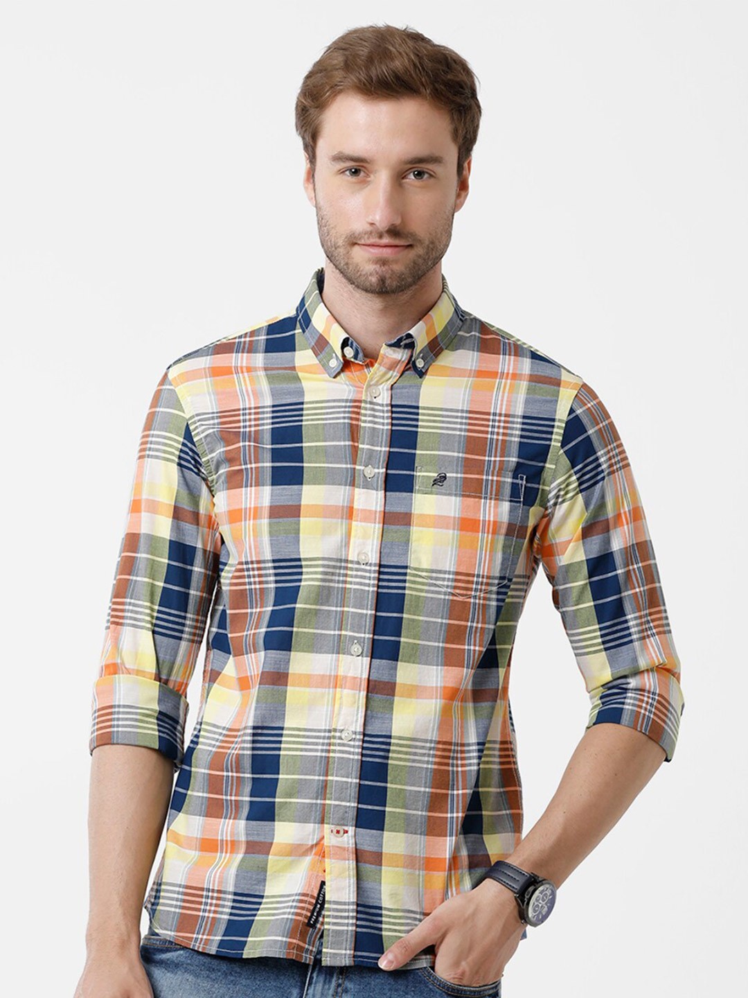 

Double Two Men Yellow & Blue Slim Fit Tartan Checked Cotton Casual Shirt