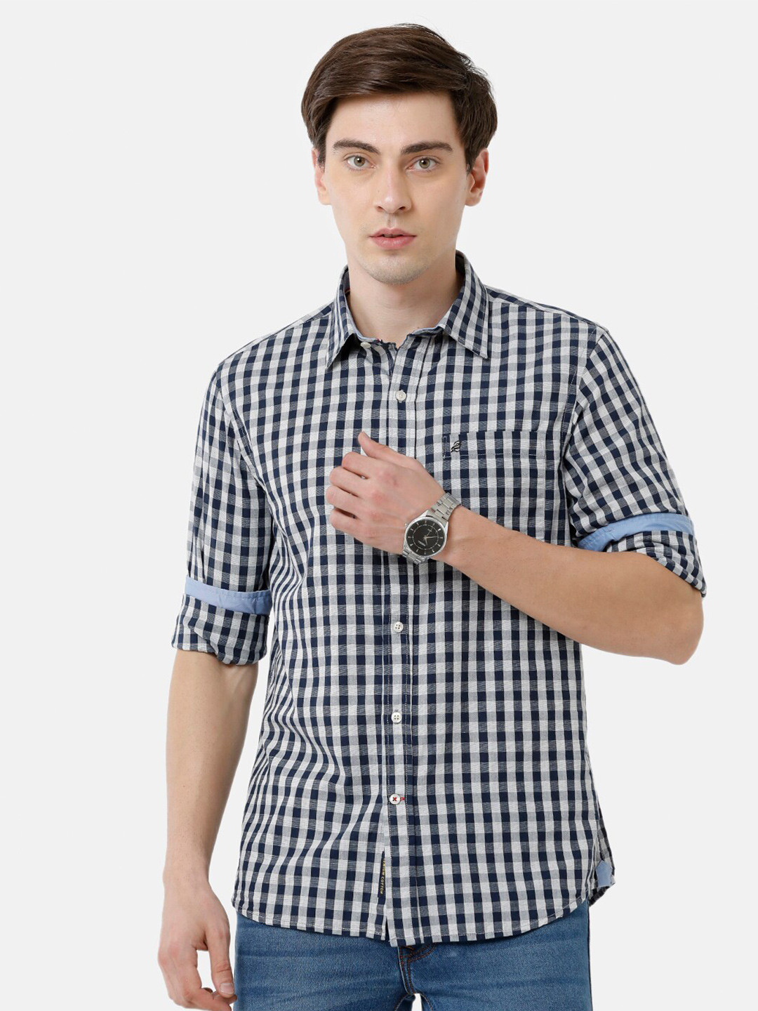 

Double Two Men Blue Slim Fit Gingham Checks Checked Cotton Casual Shirt