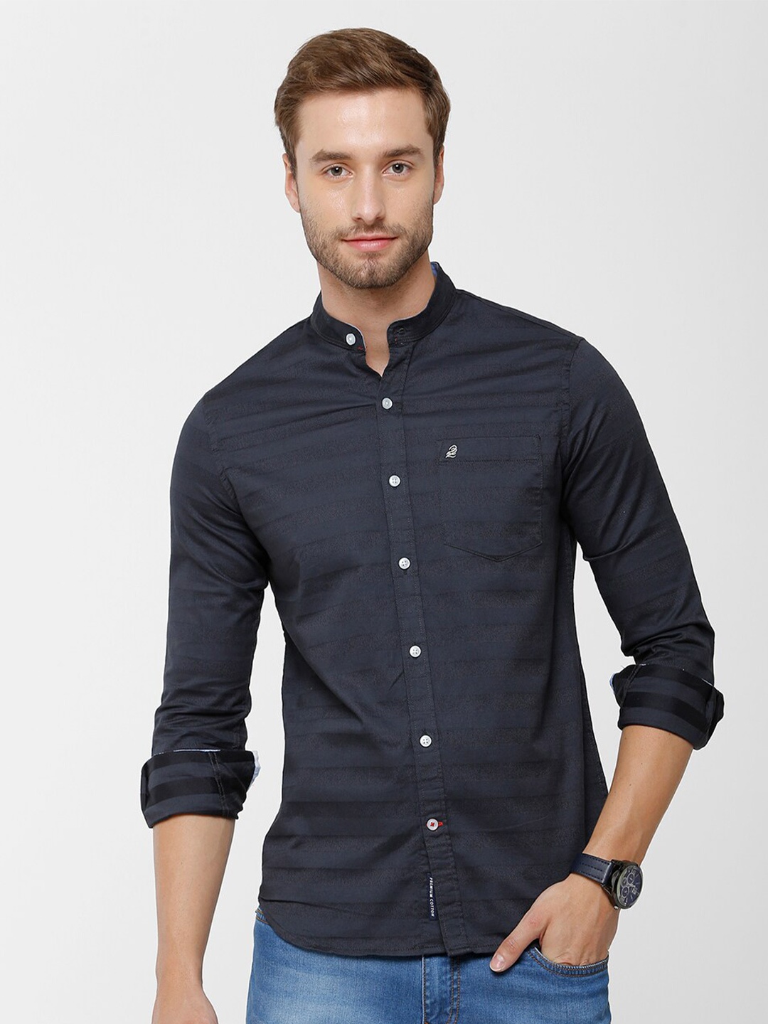 

Double Two Men Grey Slim Fit Horizontal Striped Casual Shirt