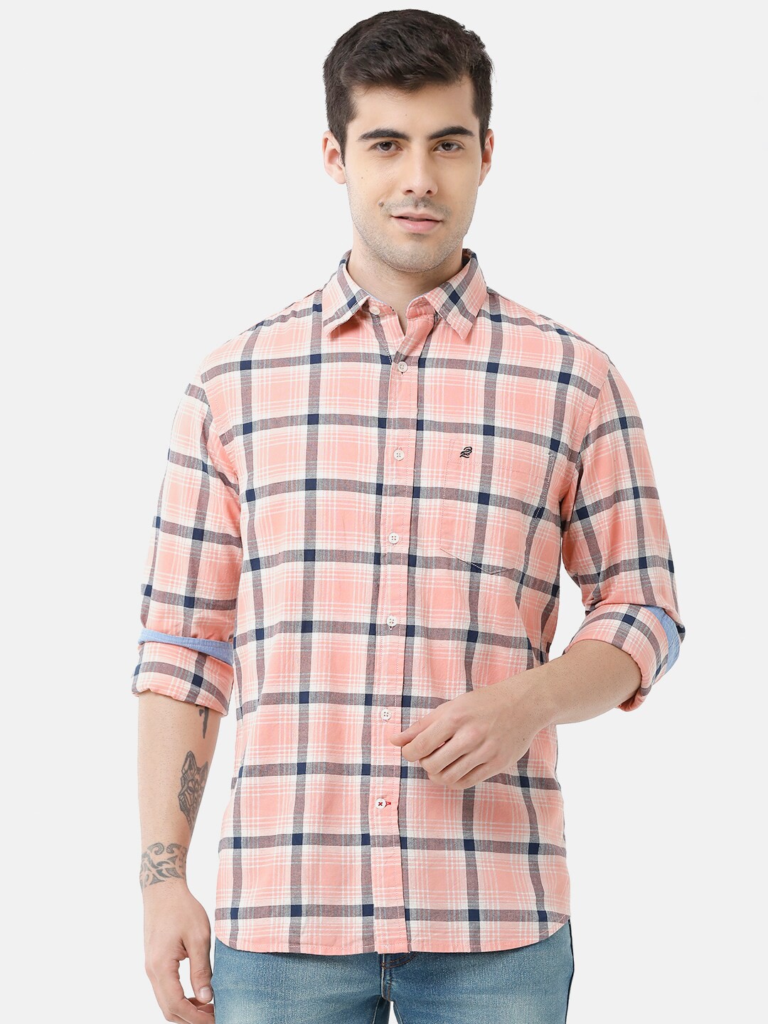 

Double Two Men Orange Slim Fit Checked Casual Shirt