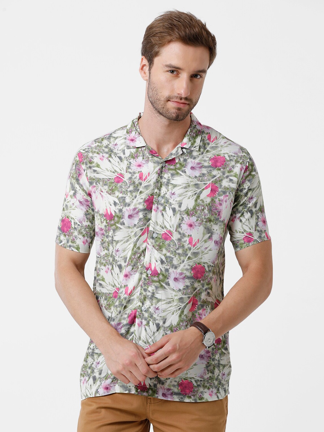 

Double Two Men Off White Slim Fit Floral Printed Casual Shirt