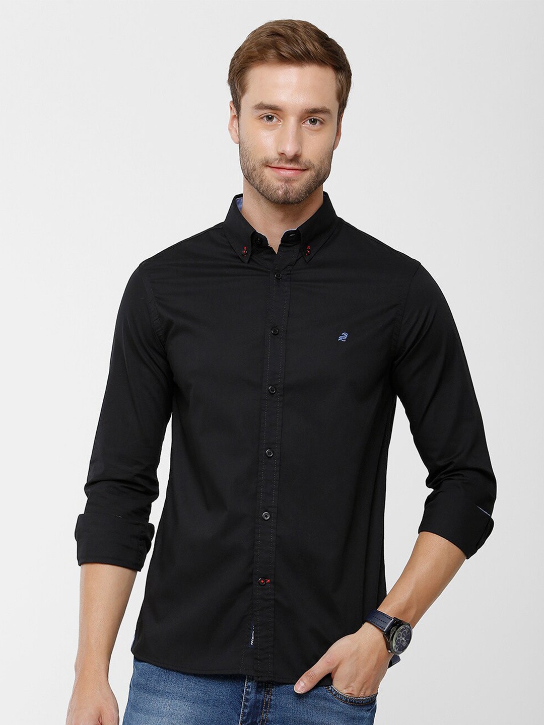 

Double Two Men Black Solid Slim Fit Casual Shirt