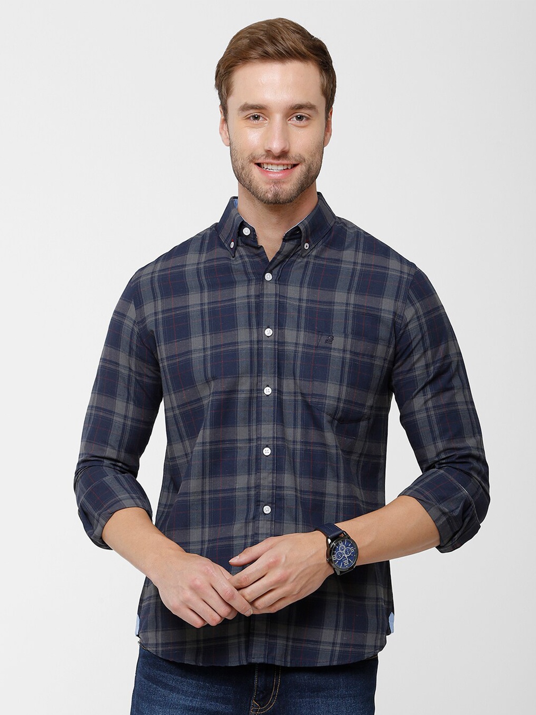 

Double Two Men Navy Blue Slim Fit Checked Casual Shirt