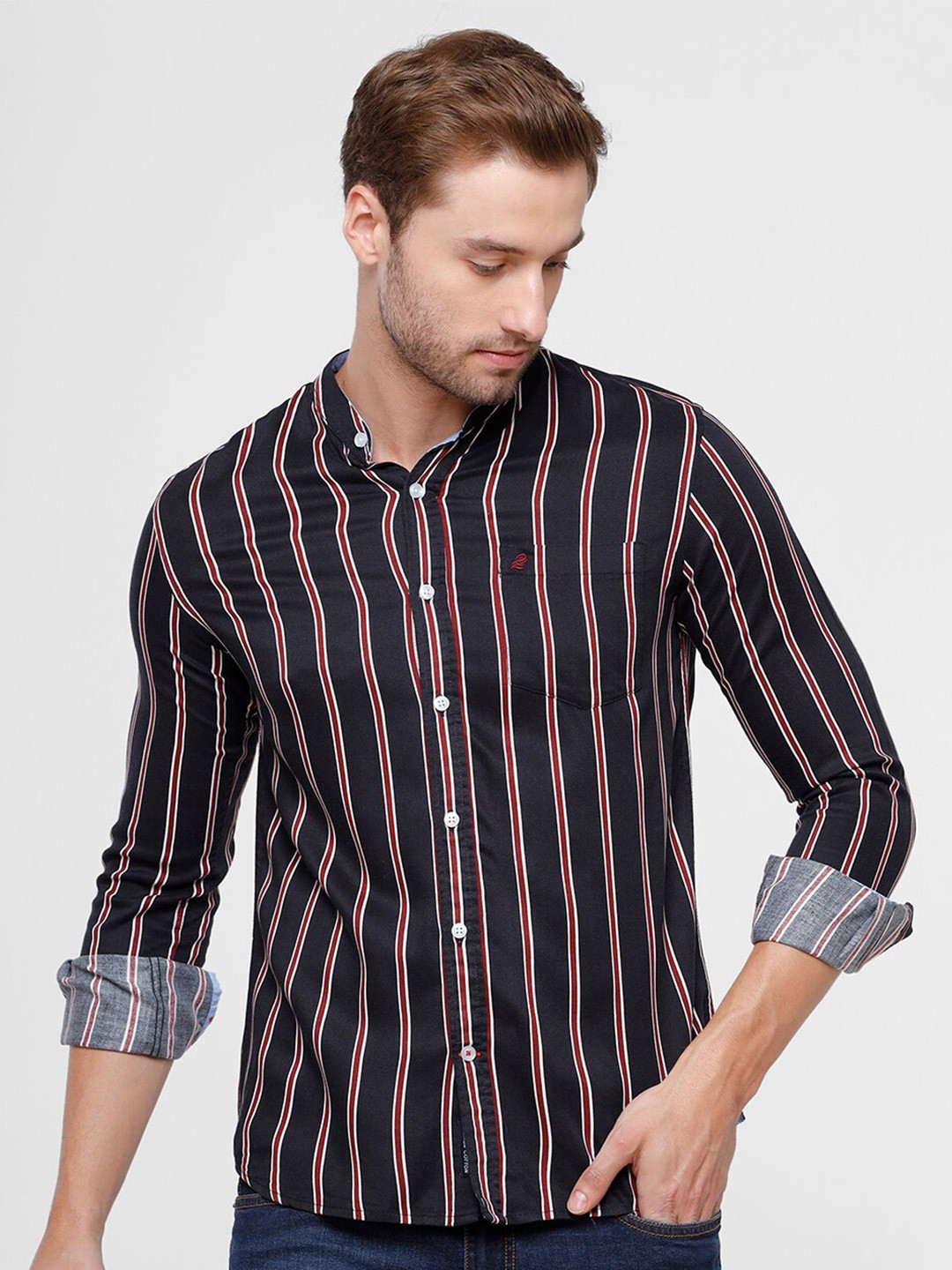 

Double Two Men Black Slim Fit Striped Casual Shirt