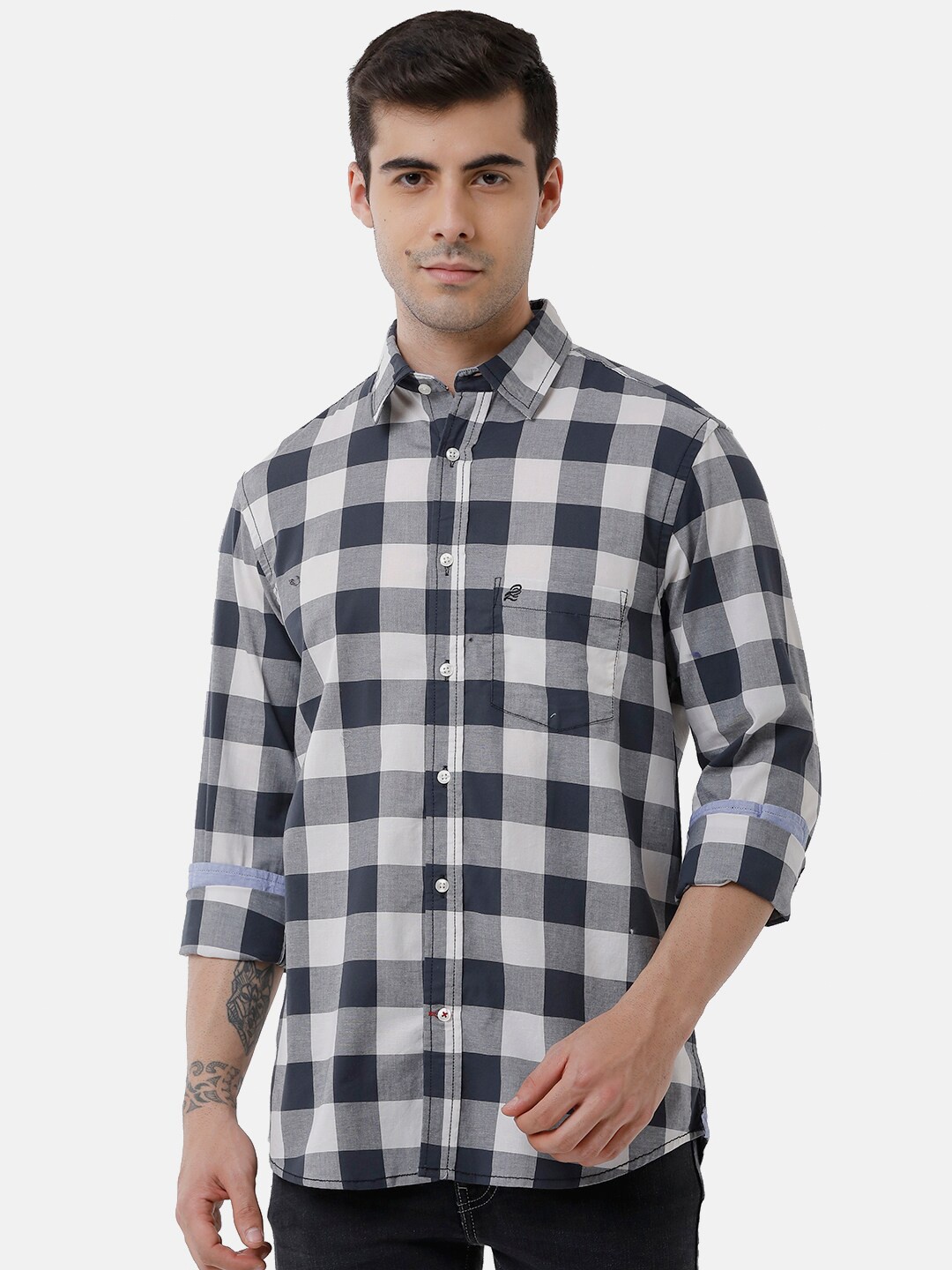 

Double Two Men Blue & White Slim Fit Buffalo Checked Casual Cotton Shirt