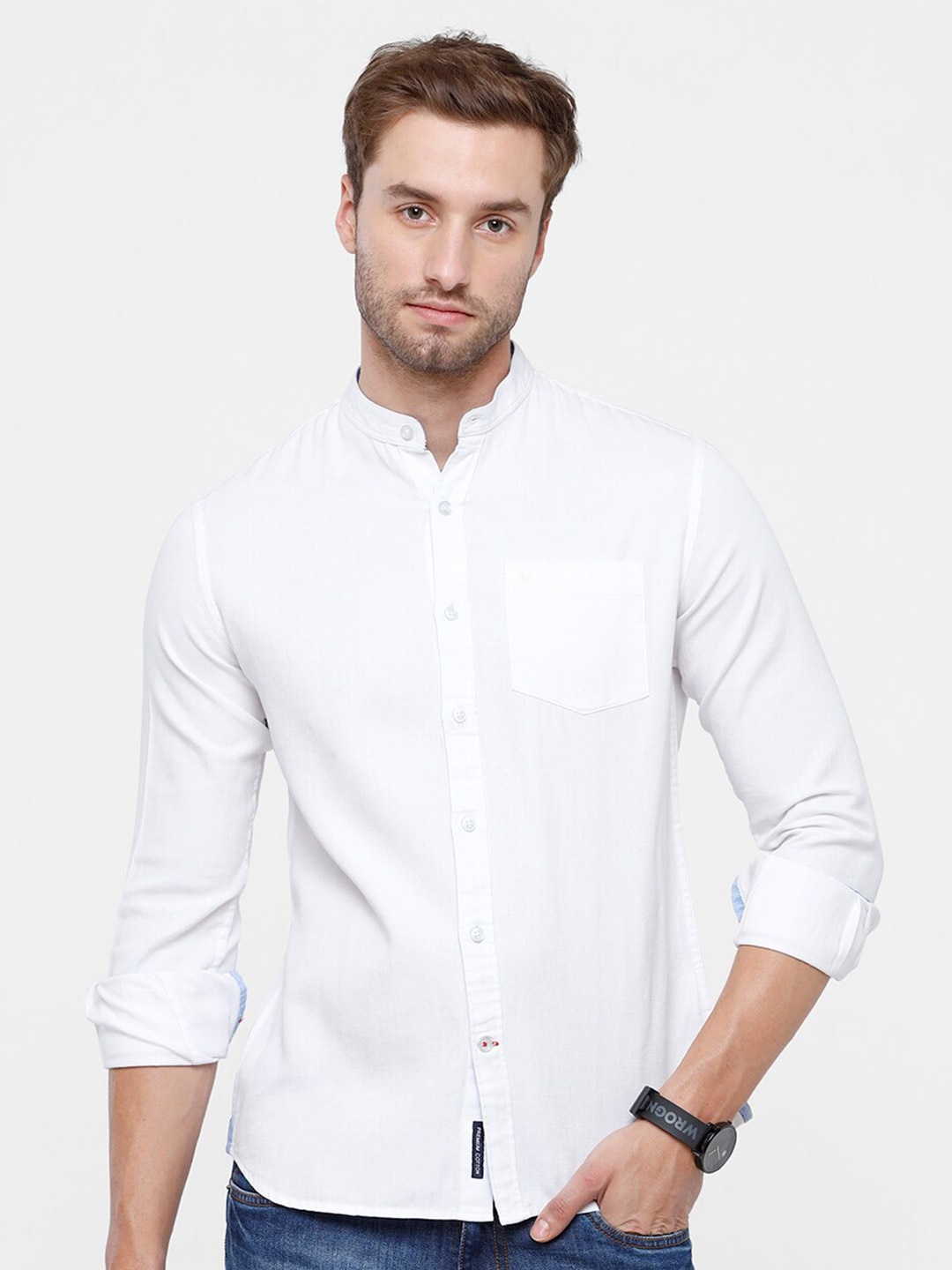 

Double Two Men White Slim Fit Solid Cotton Casual Shirt