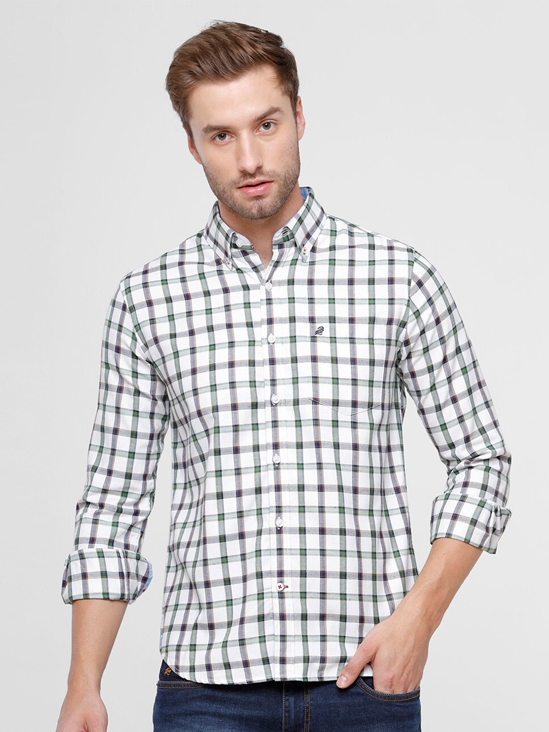 

Double Two Men Off-White Slim Fit Checked Cotton Casual Shirt