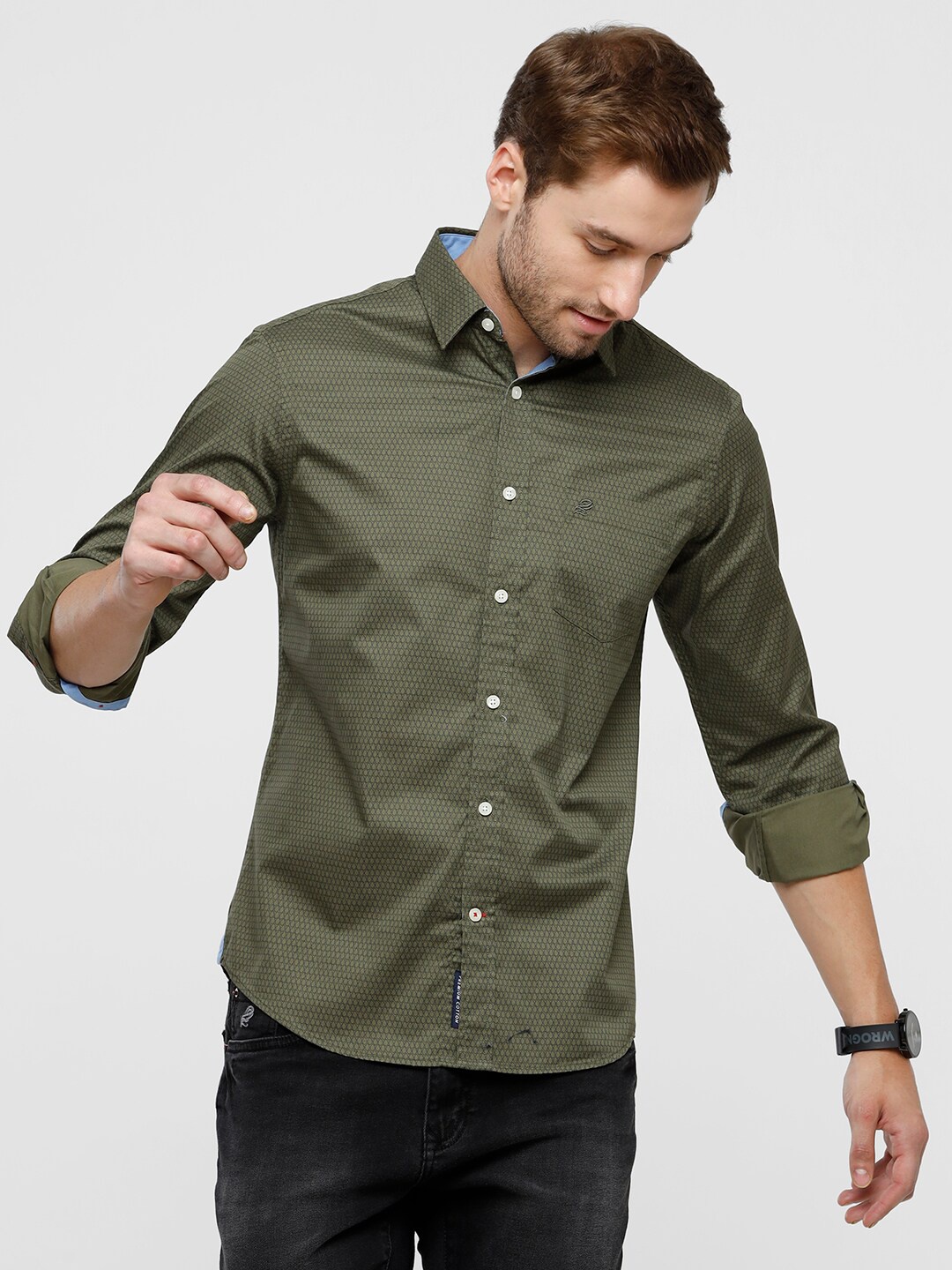 

Double Two Men Olive Green Slim Fit Micro Checks Printed Casual Shirt