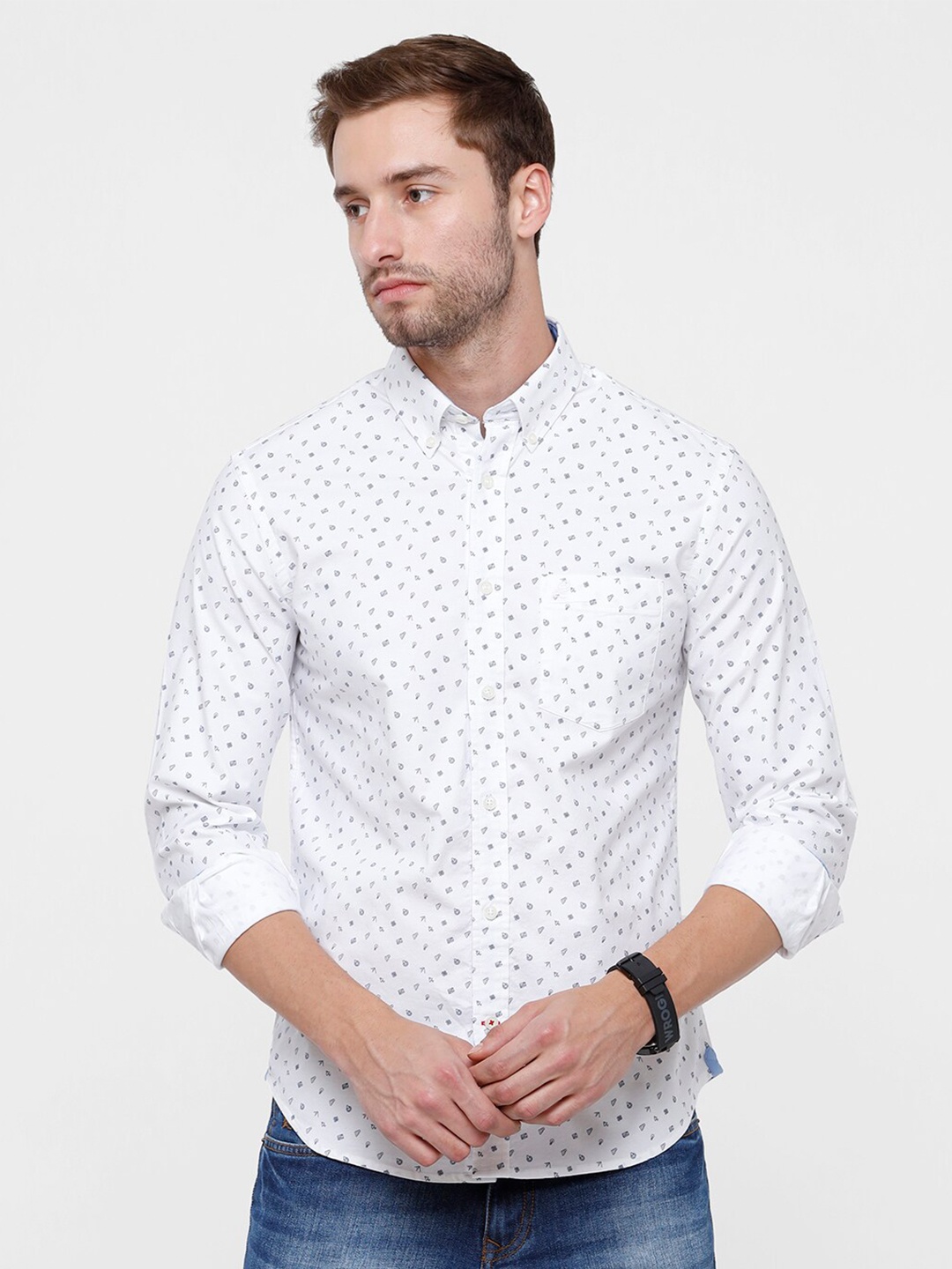 

Double Two Men White Slim Fit Printed India Slim Cotton Casual Shirt