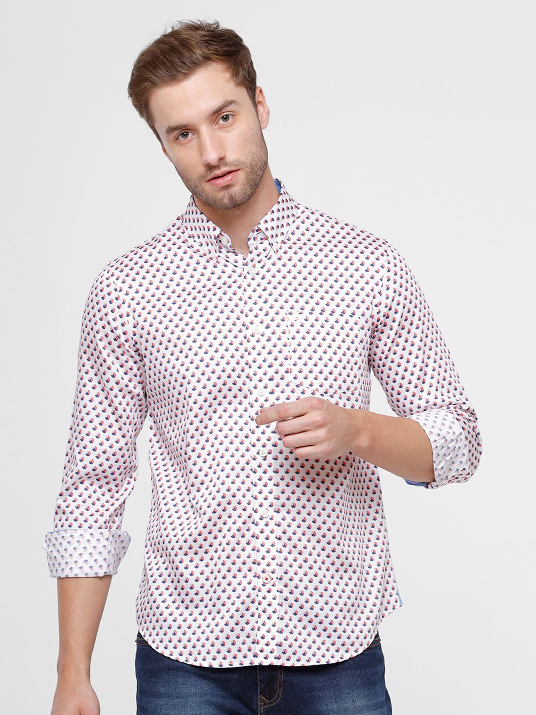

Double Two Men White Printed Slim Fit Cotton Casual Shirt