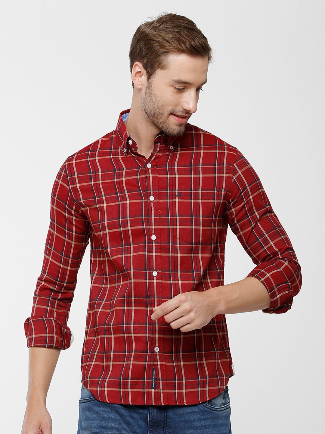 

Double Two Men Red Slim Fit Tartan Checks Casual Shirt