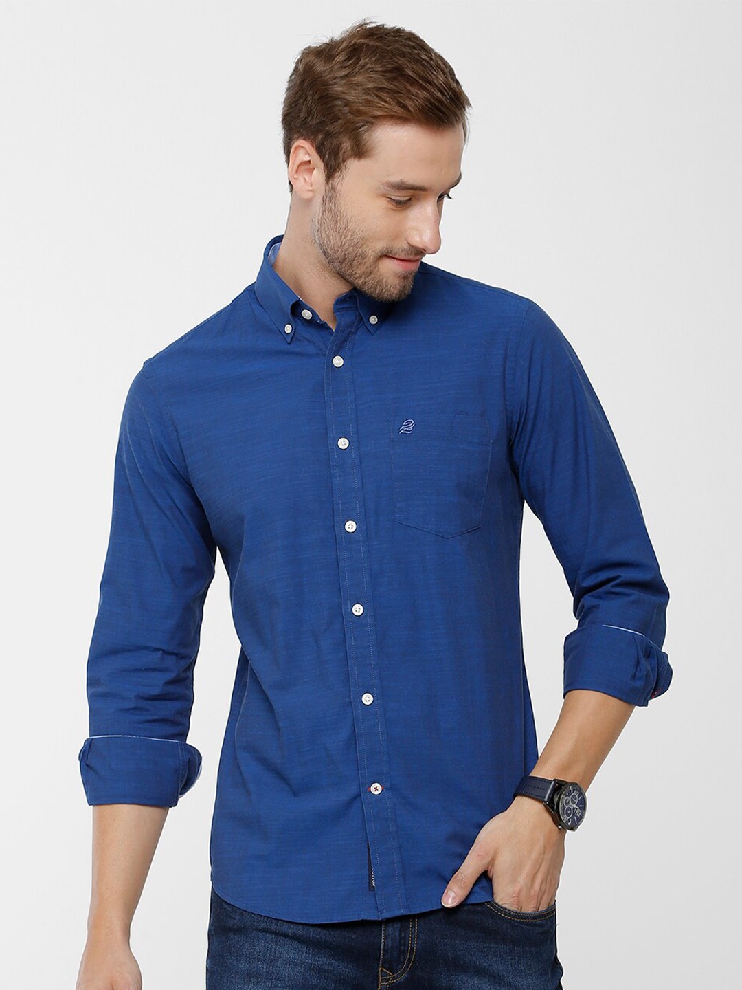 

Double Two Men Blue Slim Fit Cotton Casual Shirt