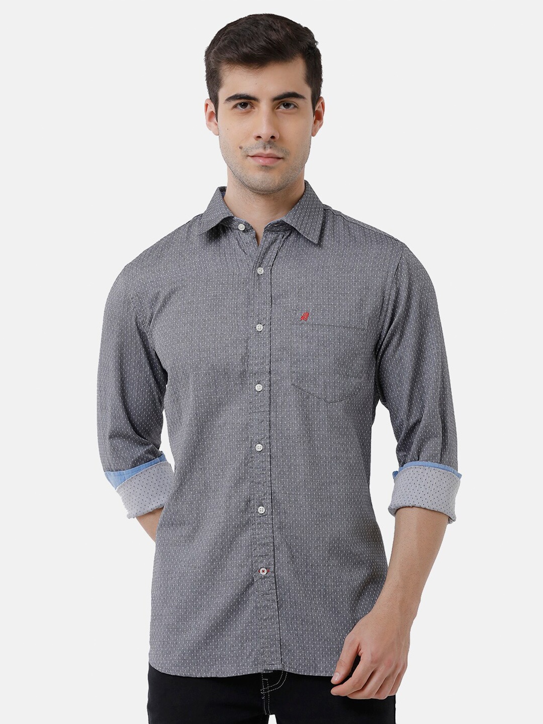 

Double Two Men Grey Slim Fit Printed Cotton Casual Shirt
