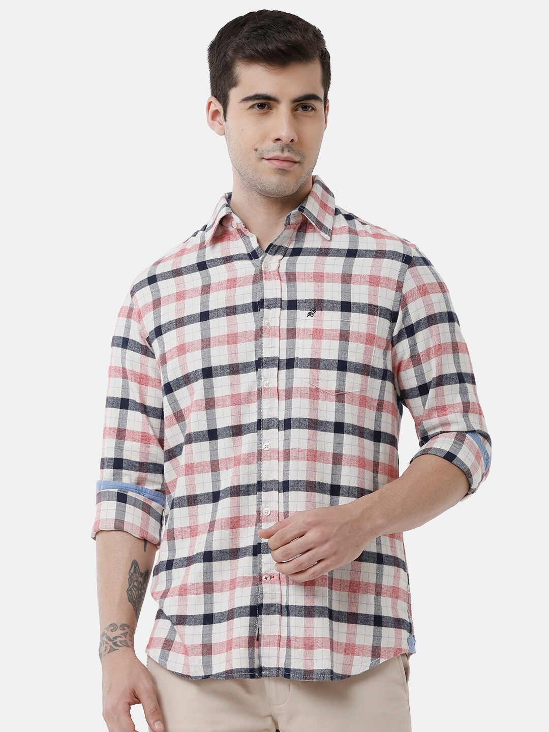 

Double Two Men Cream-Coloured Slim Fit Tartan Checks Checked Casual Shirt