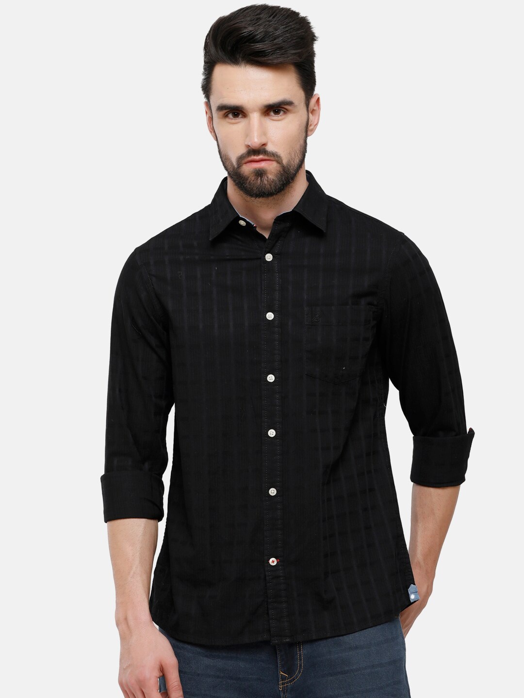 

Double Two Men Black Slim Fit Grid Tattersall Checks India Slim Cotton Casual Shirt
