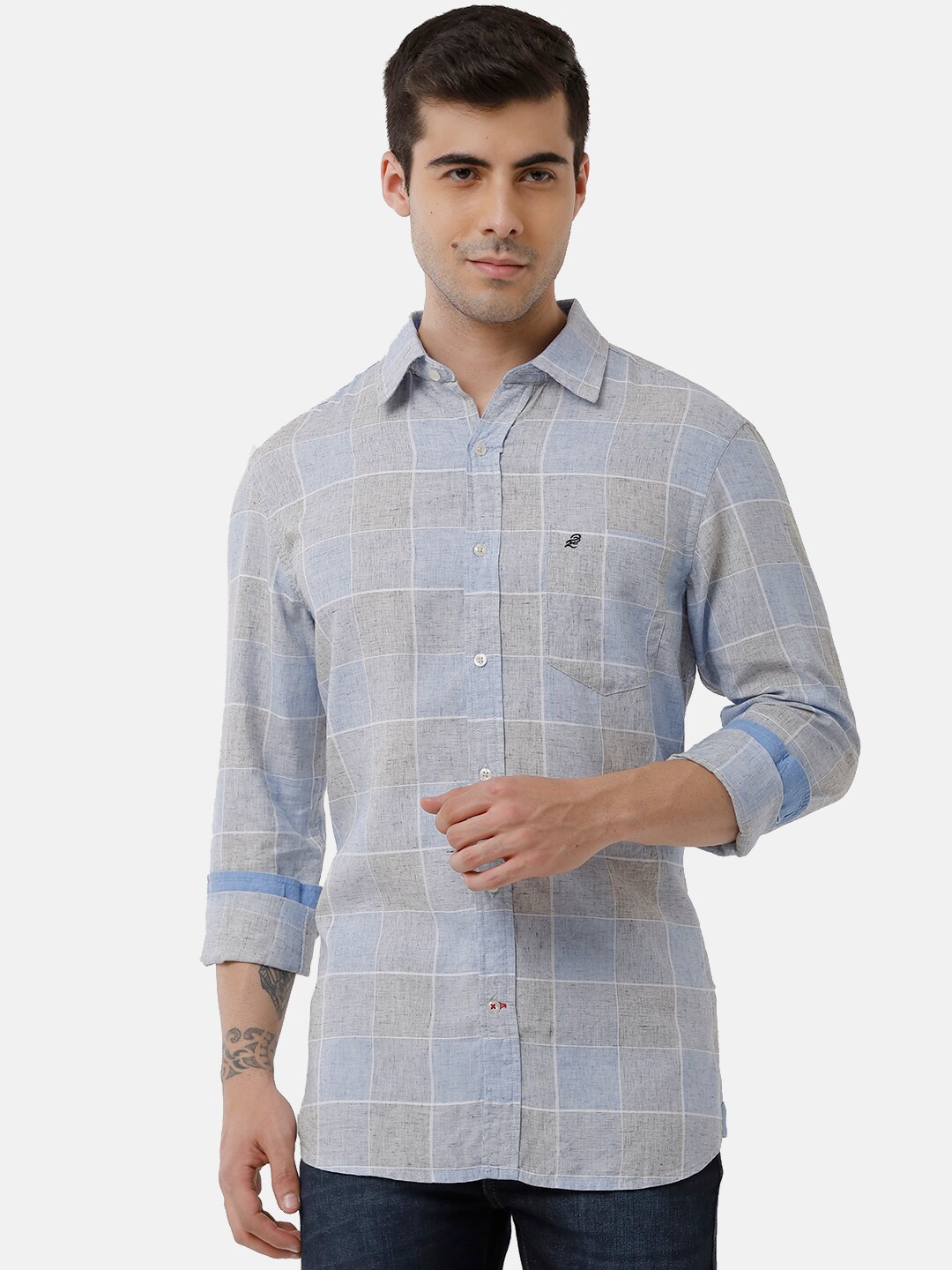 

Double Two Men Blue Slim Fit Checked Cotton Casual Shirt