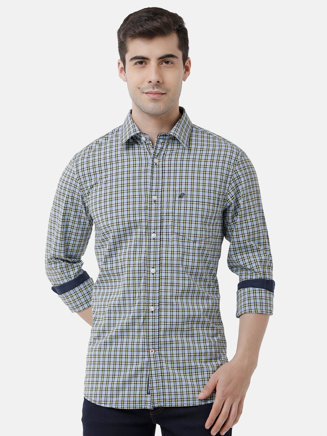 

Double Two Men Blue Slim Fit Tartan Checked Casual Cotton Shirt