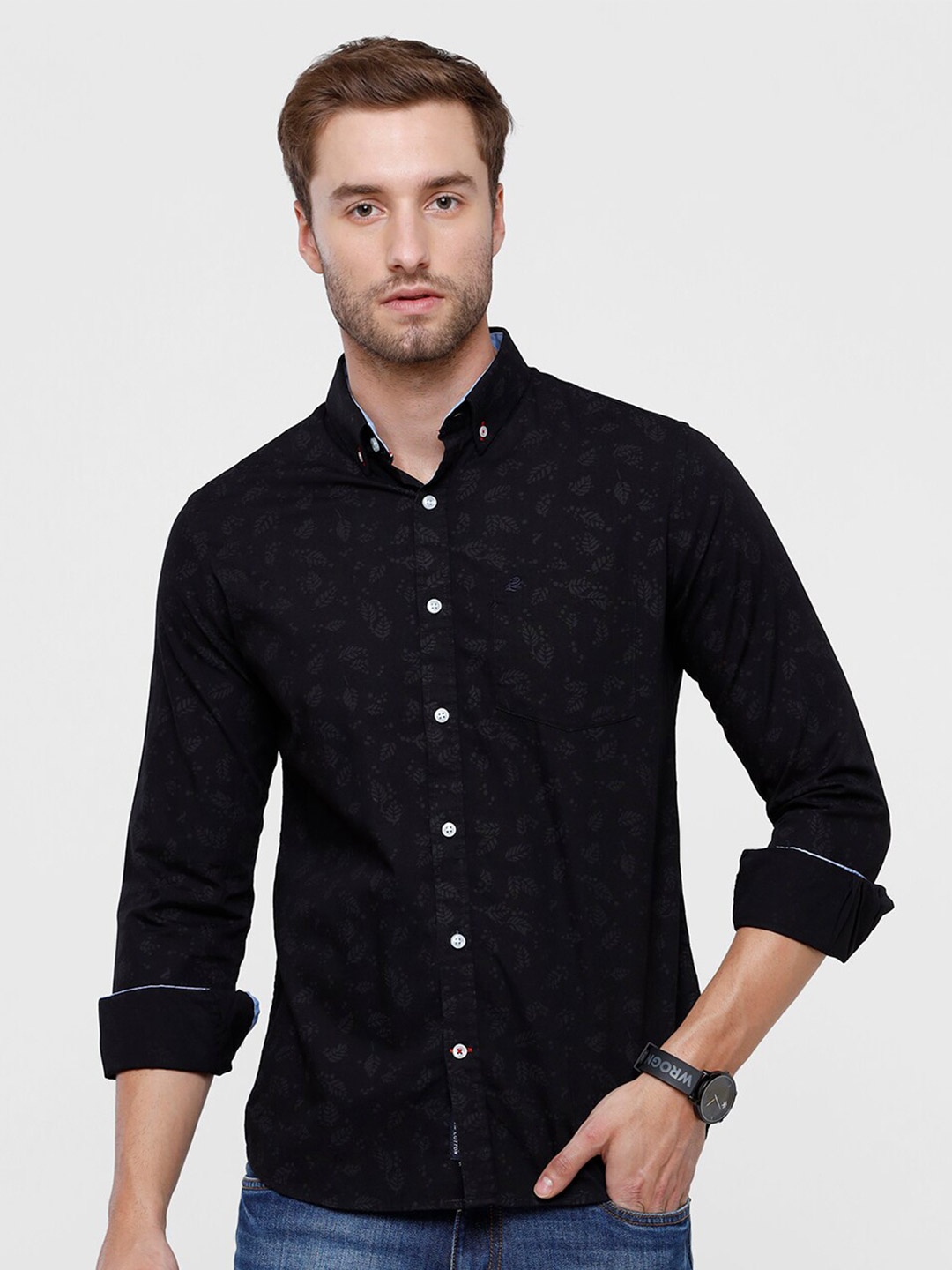 

Double Two Men Black Slim Fit Printed Cotton Casual Shirt