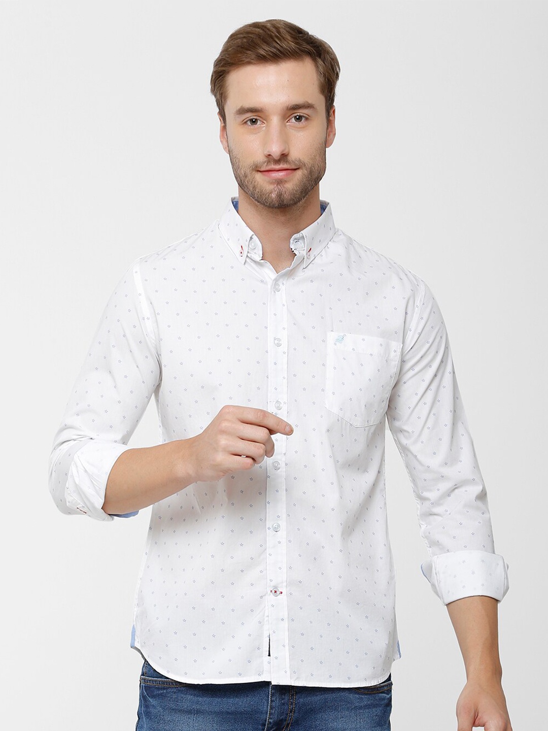 

Double Two Men White Printed Cotton Casual Shirt