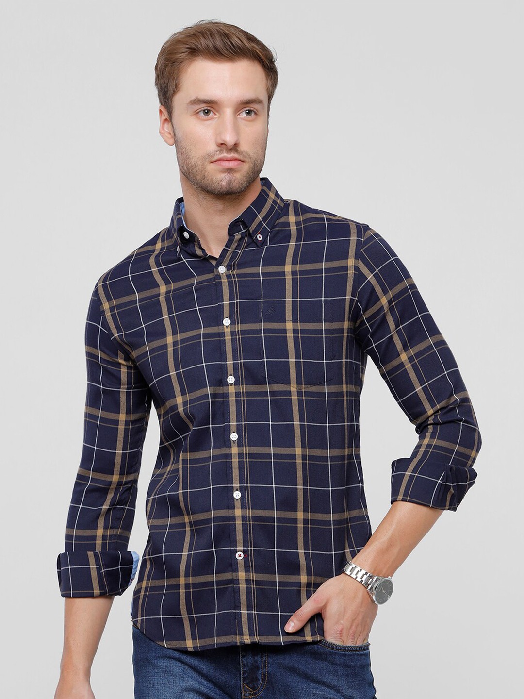 

Double Two Men Navy Blue Slim Fit Checked Casual Shirt