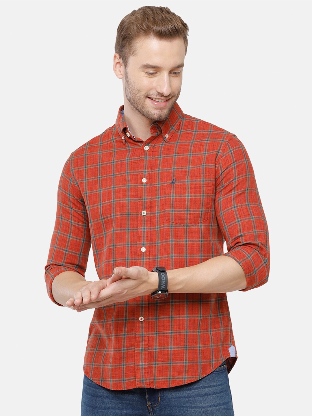 

Double Two Men Red Slim Fit Tartan Checks Casual Shirt