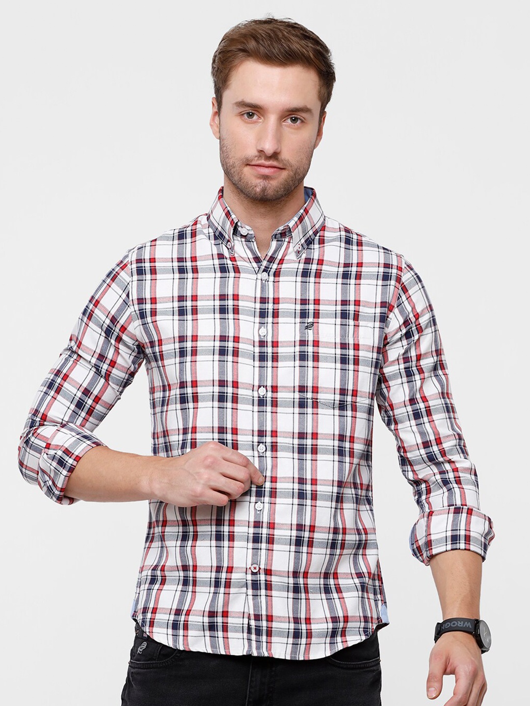 

Double Two Men White & Red Checked Cotton Slim Fit Casual Shirt
