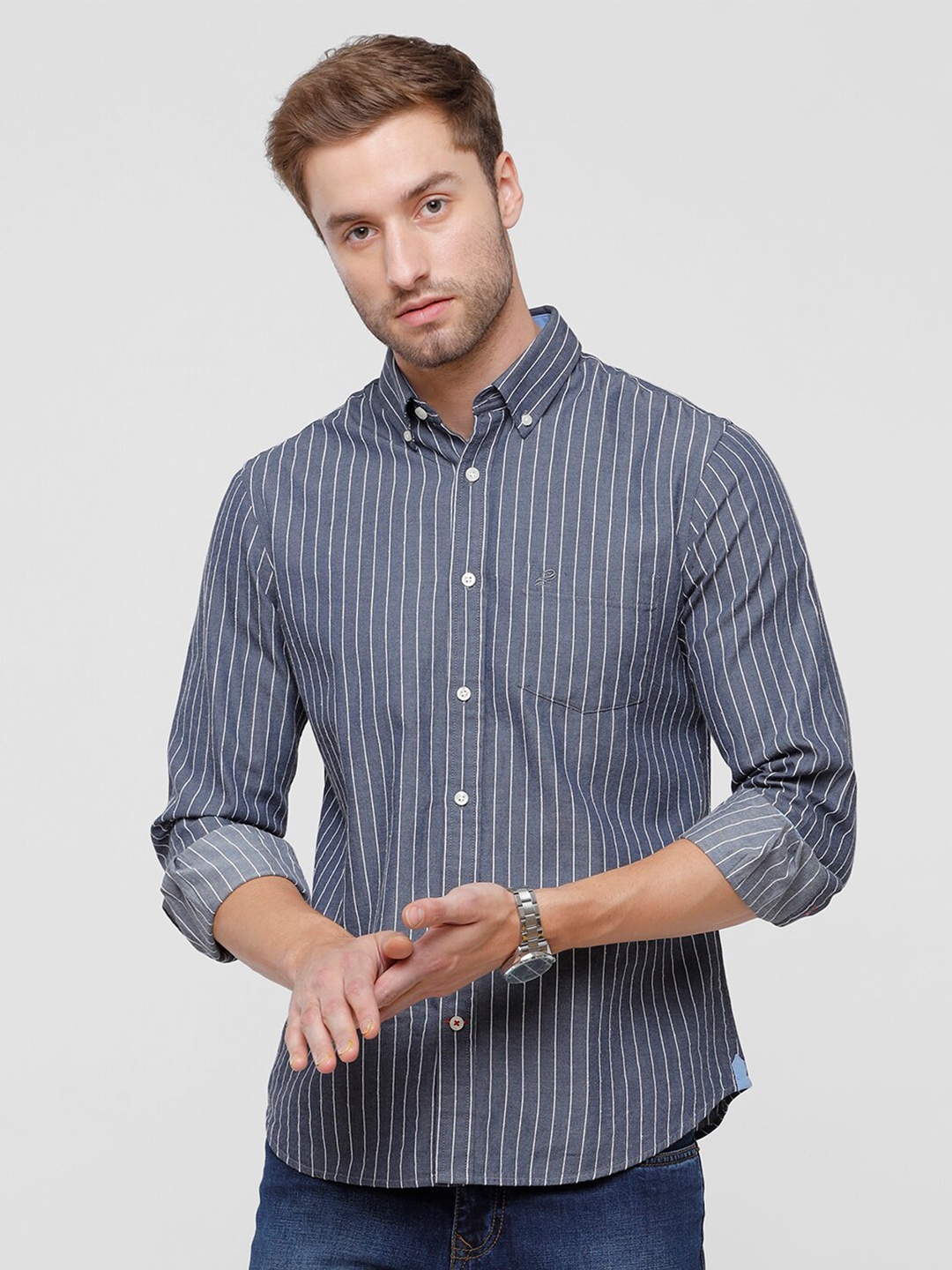 

Double Two Men Grey & White Striped Cotton Slim Fit Casual Shirt