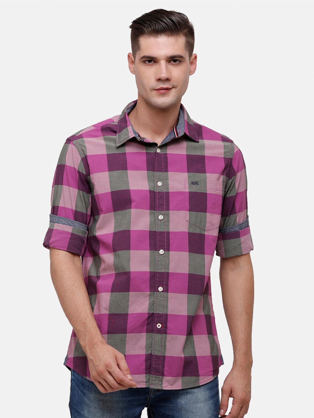 

Double Two Men Pink Slim Fit Buffalo Checks Checked Casual Shirt