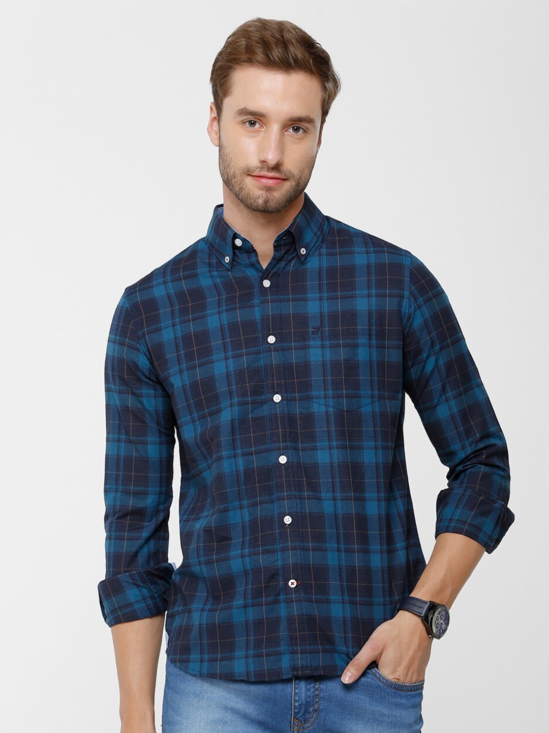 

Double Two Men Green Slim Fit Tartan Checks Casual Shirt