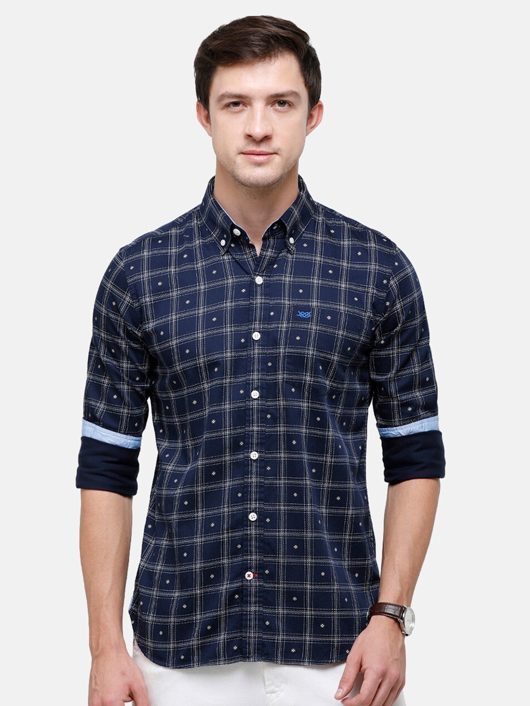 

Double Two Men Navy Blue Slim Fit Checked Casual Cotton Shirt