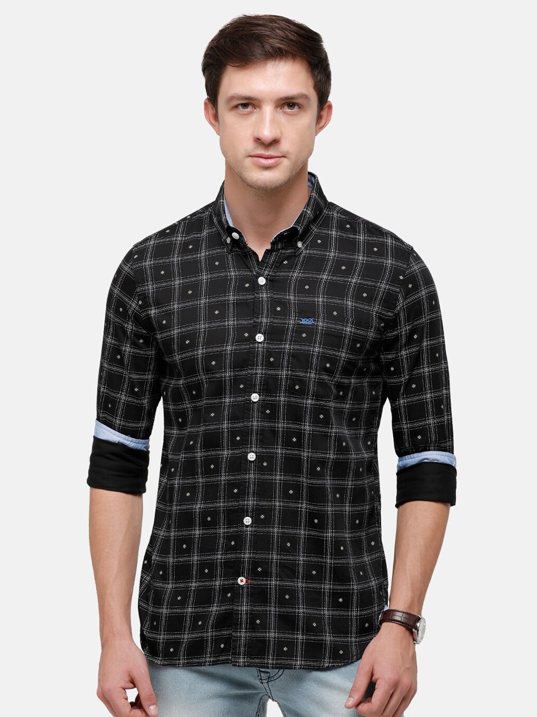 

Double Two Men Black Slim Fit Checked Cotton Casual Shirt
