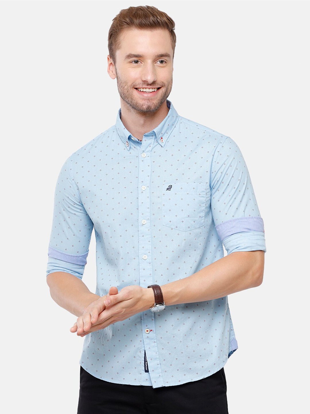 

Double Two Men Blue Cotton Slim Fit Printed Casual Shirt