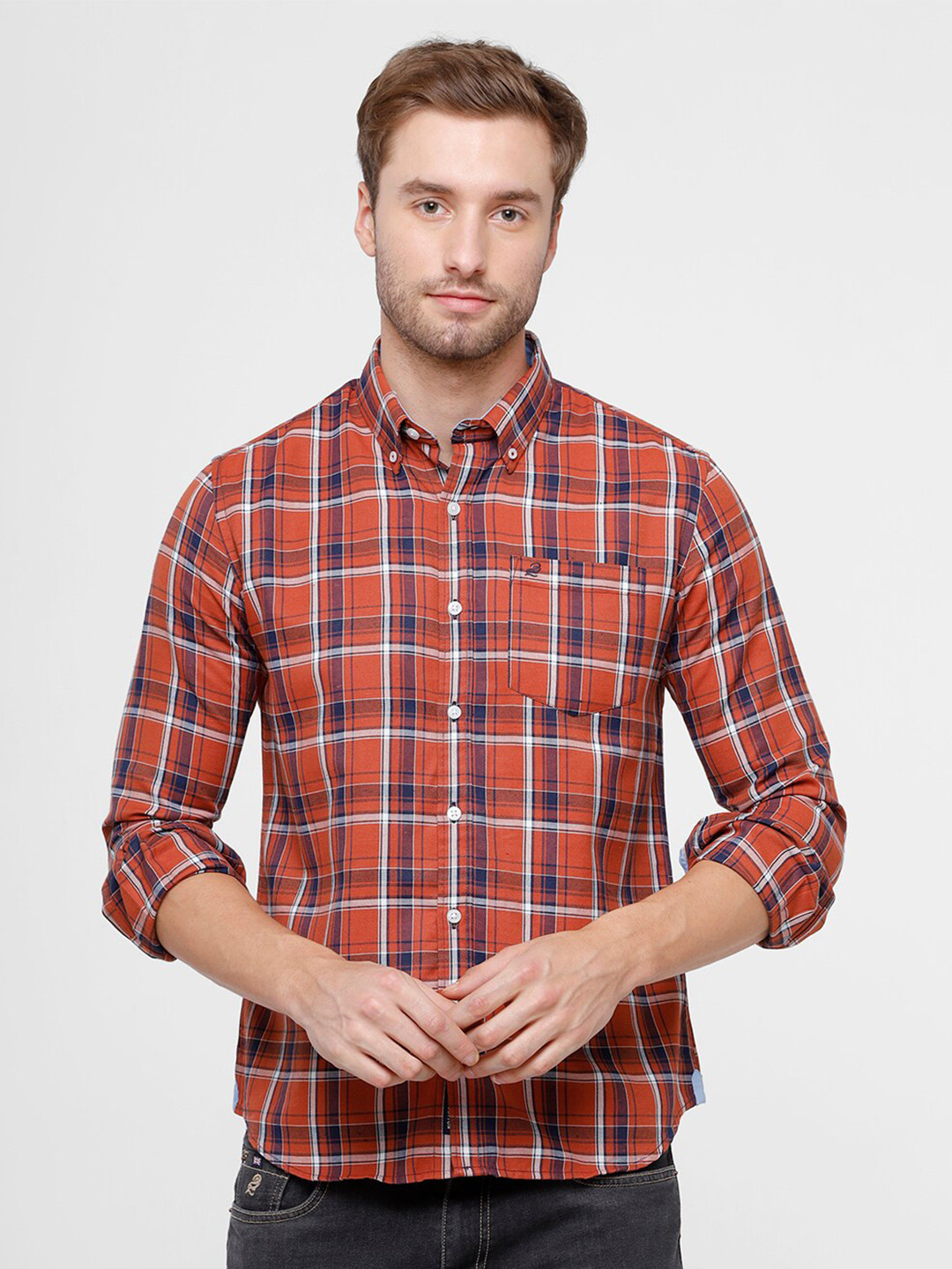 

Double Two Men Orange & Navy Blue Slim Fit Tartan Checked Casual Shirt