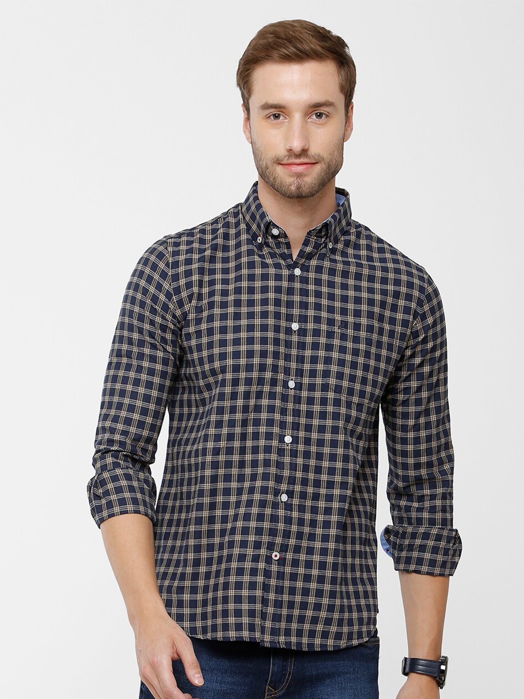 

Double Two Men Navy Blue & Beige Checked Cotton Slim Fit Casual Shirt