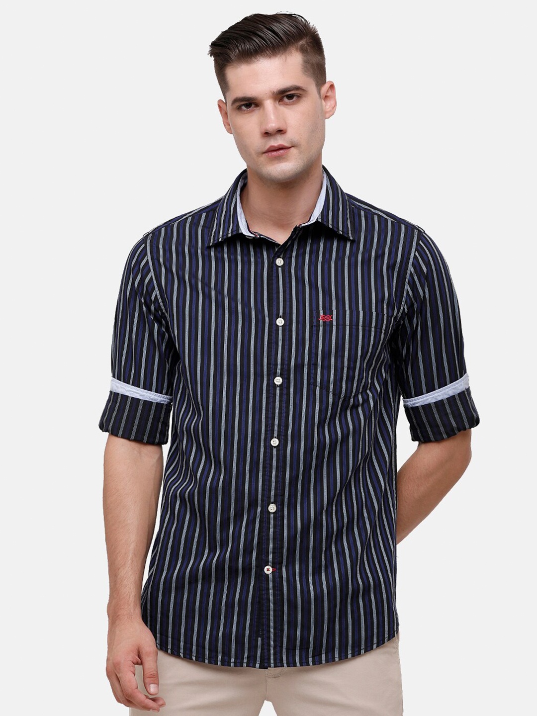 

Double Two Men Blue Slim Fit Striped Casual Shirt