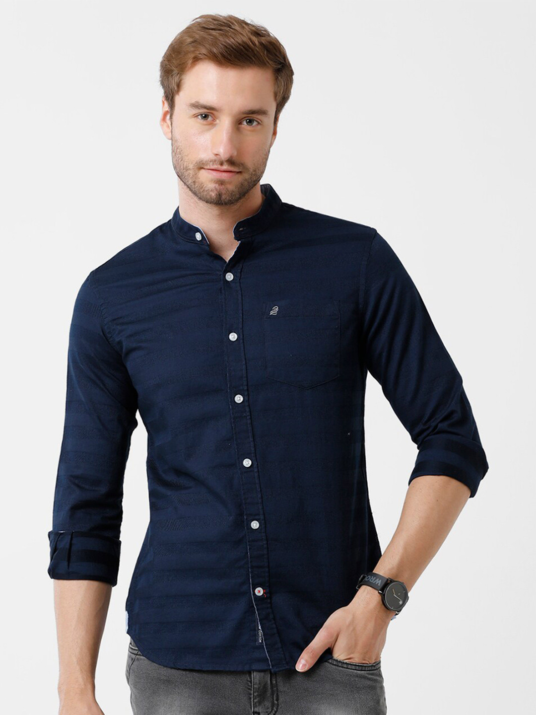 

Double Two Men Navy Blue Striped Slim Fit Casual Shirt