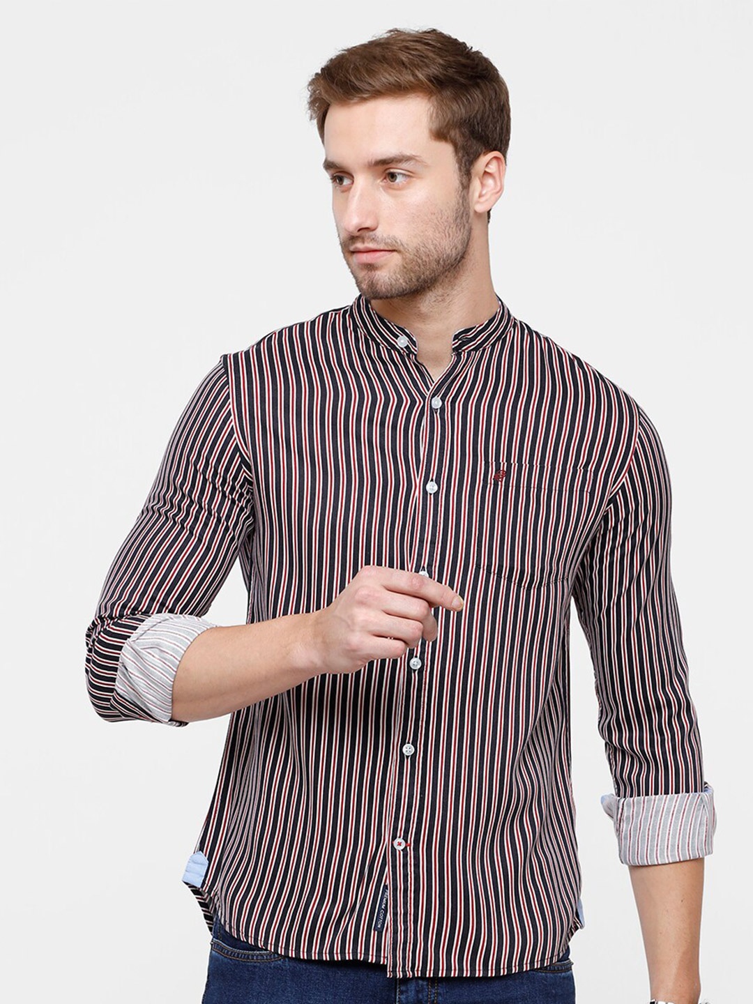 

Double Two Men Red Slim Fit Striped Cotton Casual Shirt