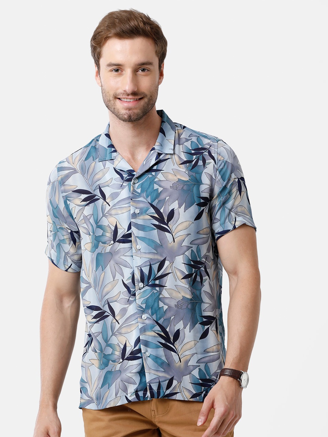 

Double Two Men Blue Slim Fit Floral Printed Casual Shirt
