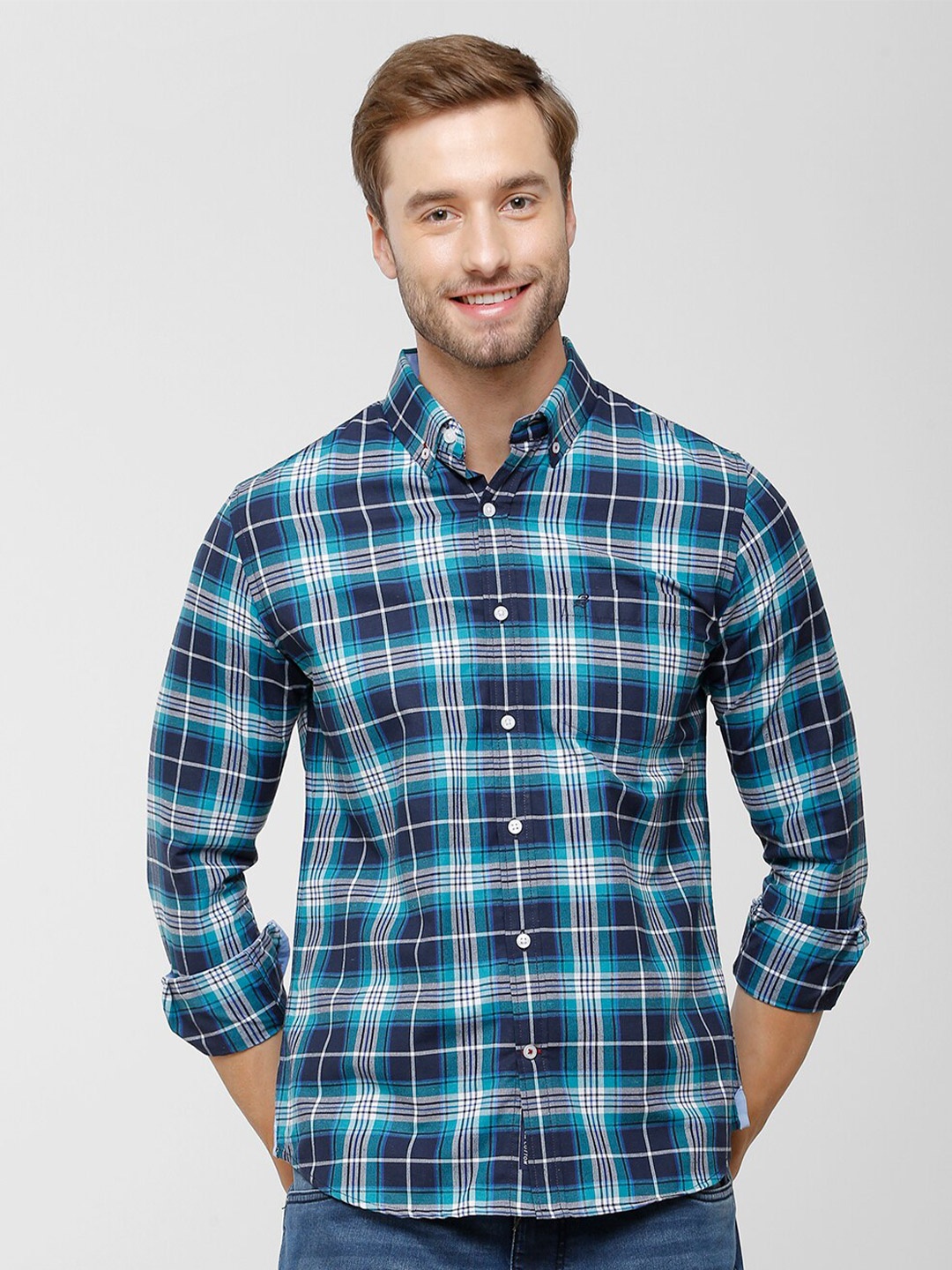 

Double Two Men Blue Slim Fit Checked Cotton Casual Shirt