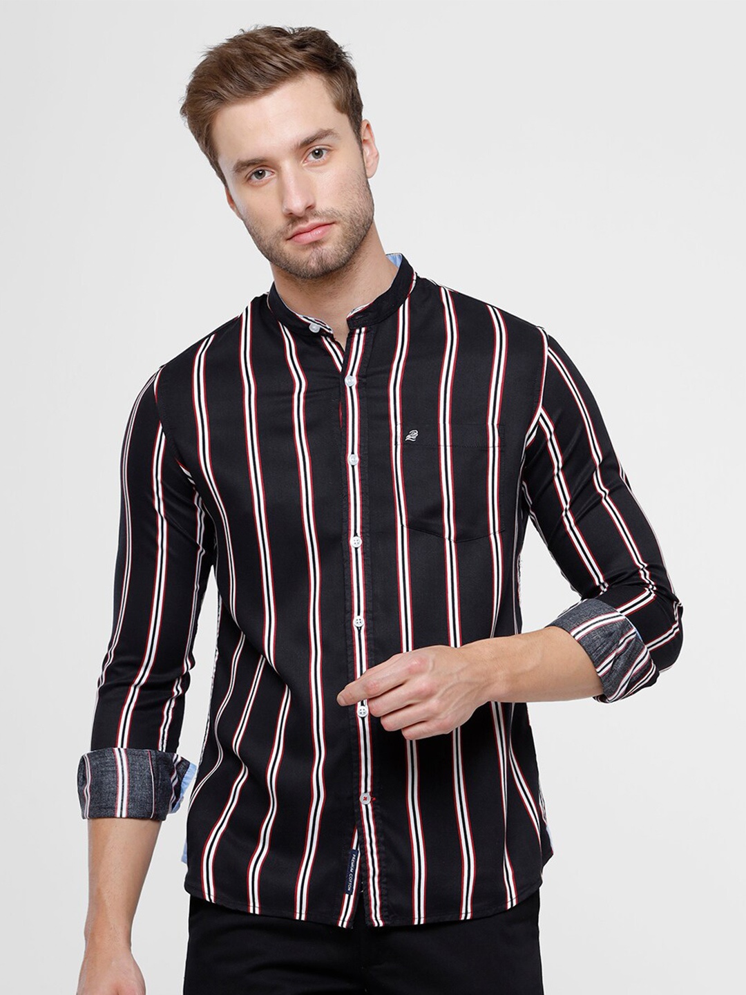 

Double Two Men Black & White Slim Fit Striped Casual Shirt