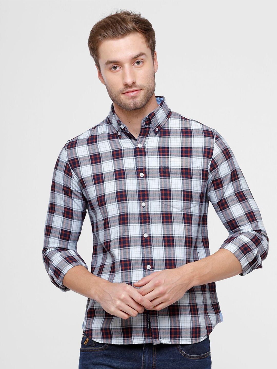

Double Two Men White & Navy Blue Checked India Slim Fit Cotton Casual Shirt