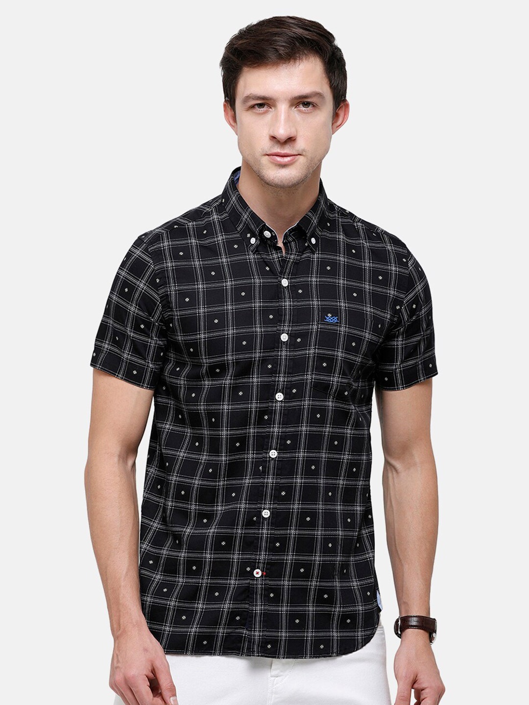 

Double Two Men Black Slim Fit Windowpane Checked Cotton Casual Shirt