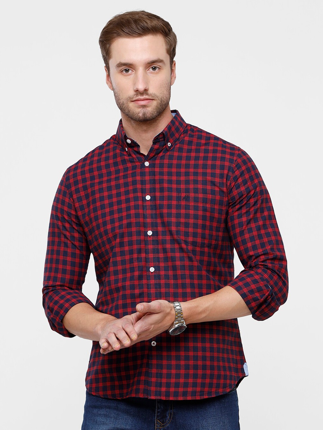 

Double Two Men Red Slim Fit Checked Casual Cotton Shirt