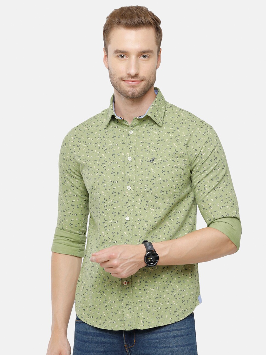 

Double Two Men Green Slim Fit Printed Casual Cotton Shirt